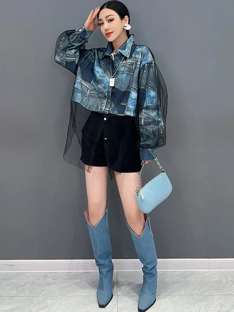 SHENGPALAE 2024 Spring New Printed Denim Shirt With Organza Long Sleeved Short Coat Design Fashionable Loose Women\'s Wear 5R9533