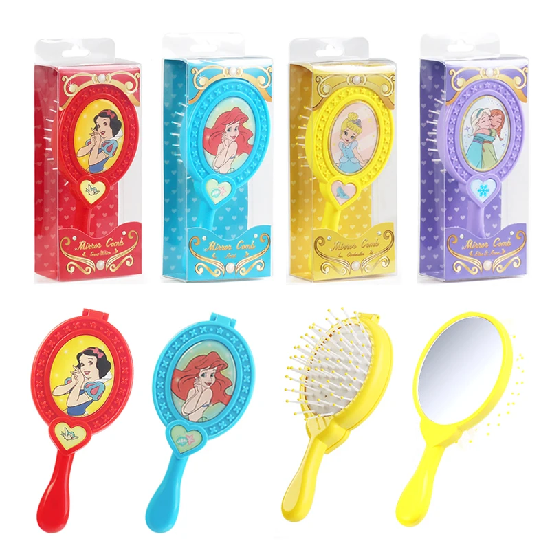 Disney Cartoon Princess Children's Comb Portable Folding Mirror Comb Plastic Comb Girl Airbag Hairdressing Massage Comb With Box