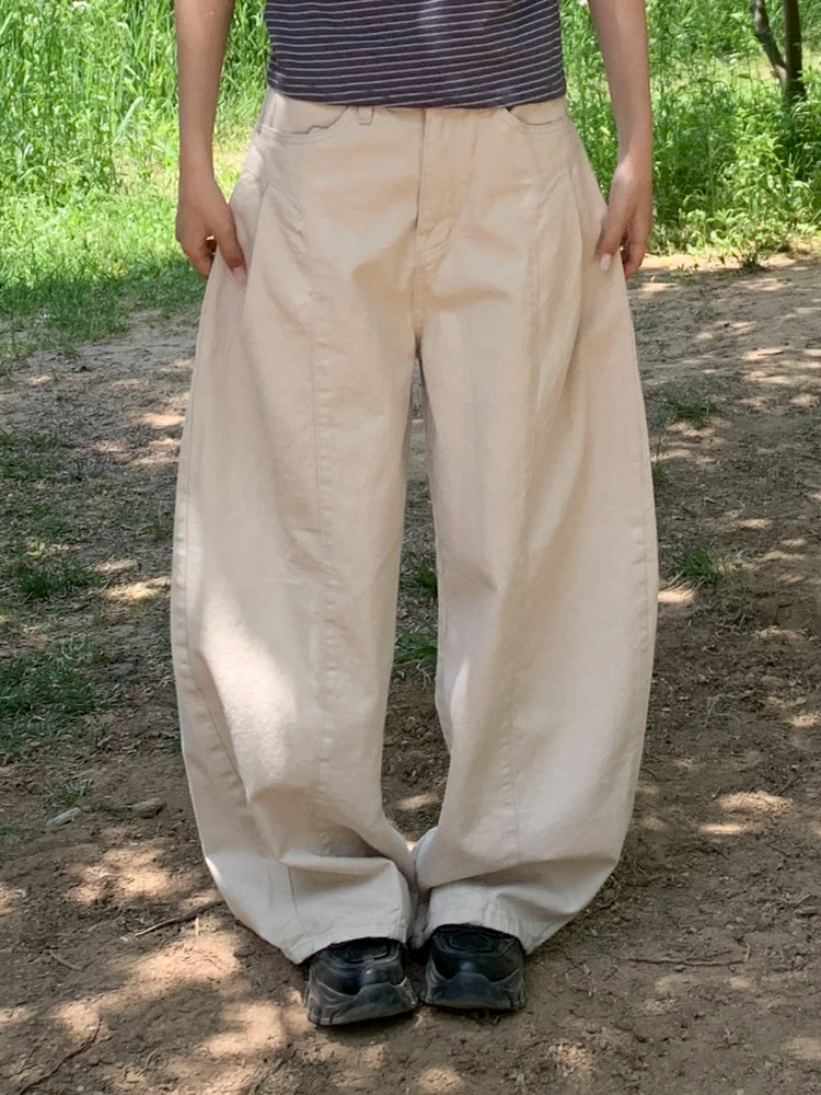 Celana Jeans Denim Putih High Waist Wide Leg Model Knife Wanita, Gaya Keren dan Trendi Amerika, Longgar, Kasual, Panjang hingga Lantai