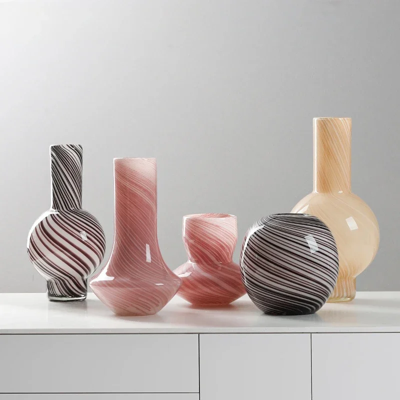 

Ins Wind Pink Flat Cone Cylinder Bottom Striped Glass Vase Entrance Living Room Bedroom Dining Table Desktop Home Art Ornament