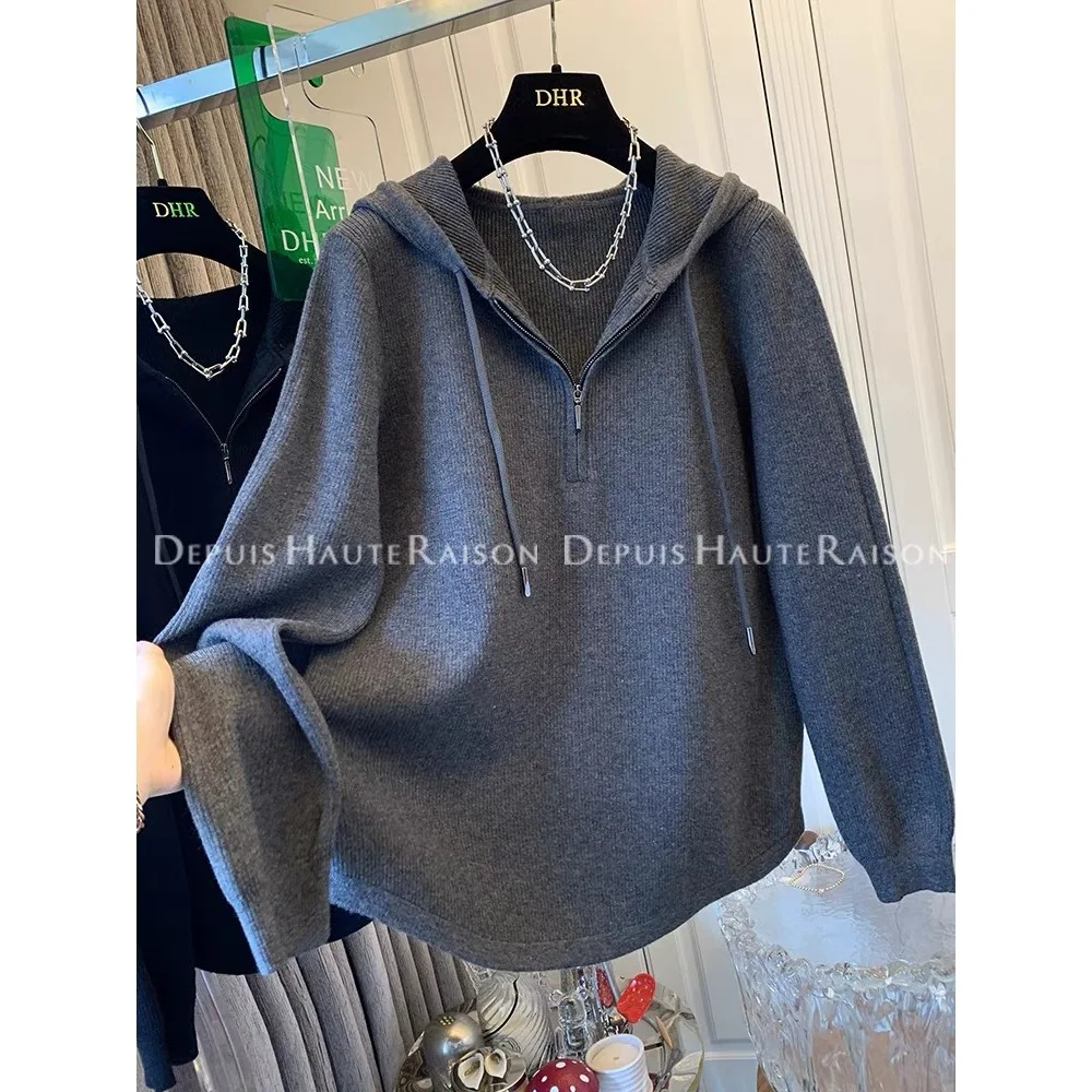 

Plus-Size Korean-Style Pure Alluring Half-Zip Hooded Long-Sleeve T-Shirt For Women, New Spring And Autumn Loose-Fit Large-Size