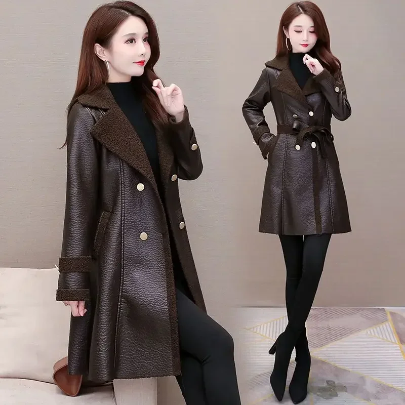 Women\'s leather jacket autumn and winter new westernized loose lace up casual thickened leather winter faux fur coat trench