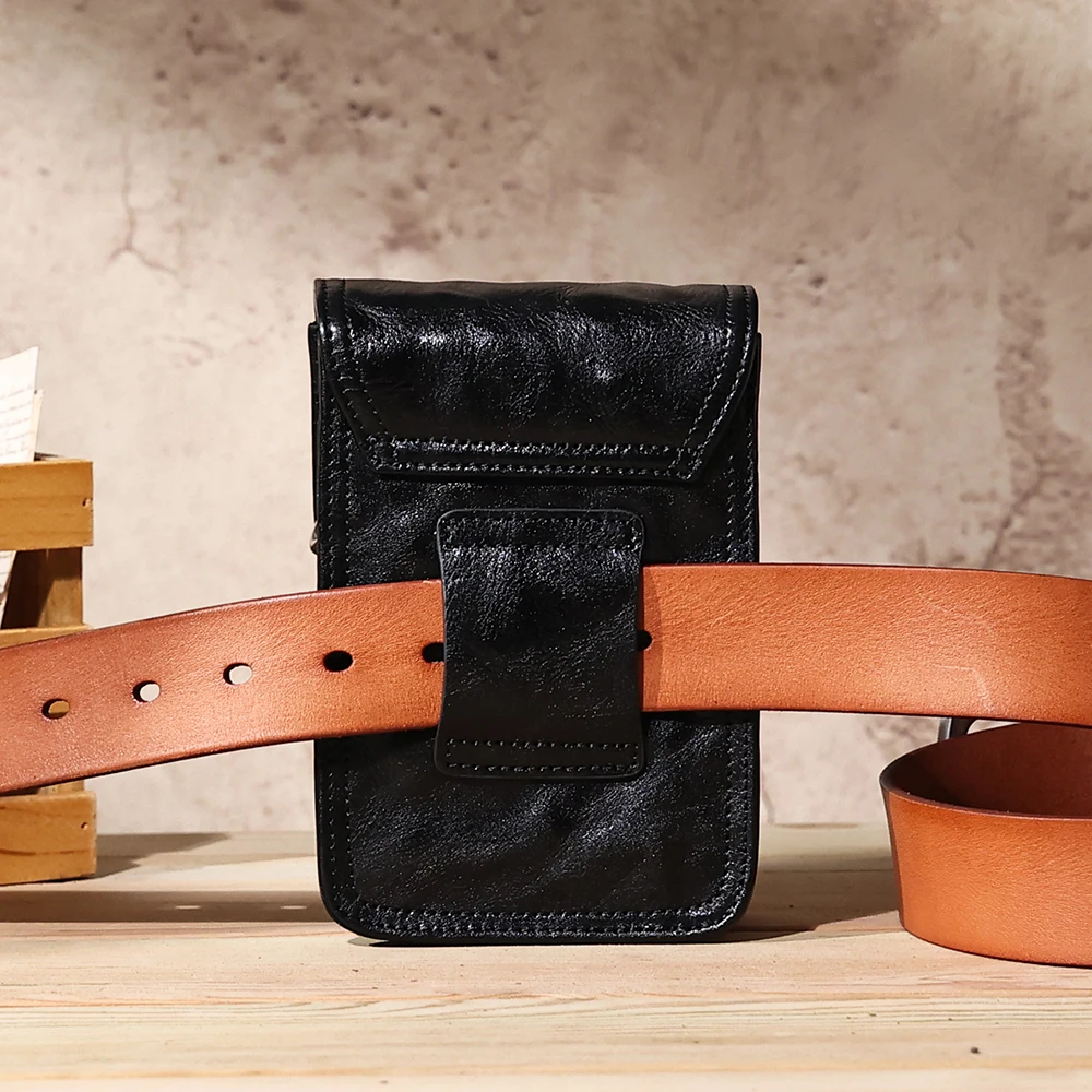 Vegetable tanned leather men's shoulder bag with belt casual mobile phone waist bag genuine leather retro crossbody bag for men