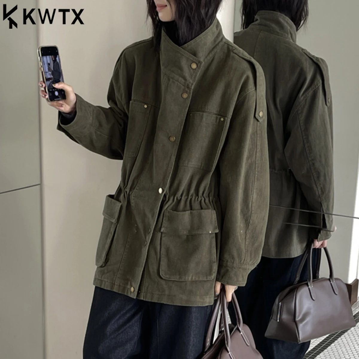 

KWTX Women’s Solid Color Utility Jacket Coat Autumn Winter 2025 Single-Breasted Stand Collar Belted Waist Outerwear Minimalist