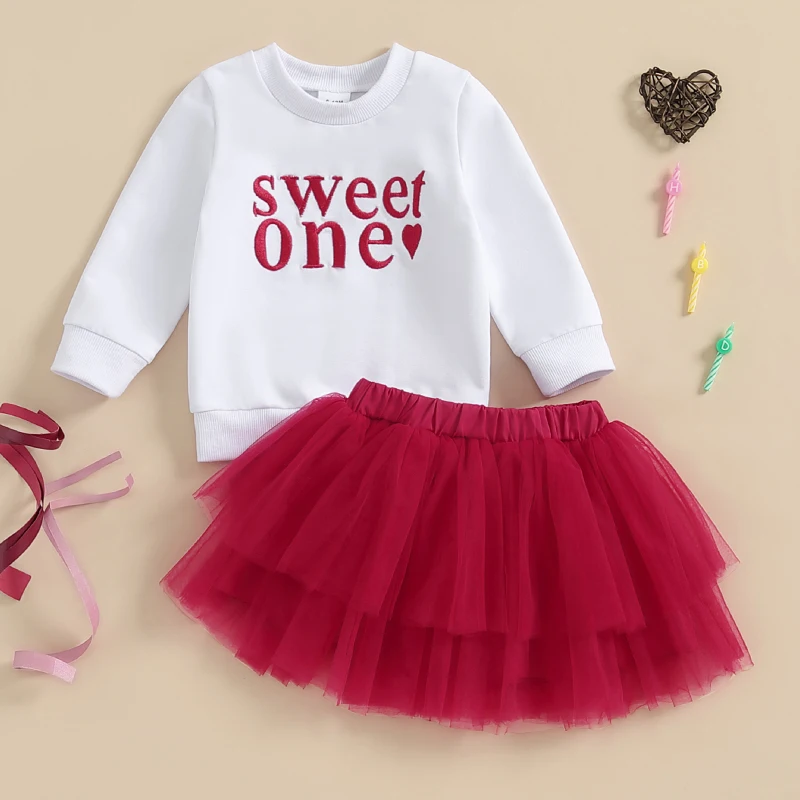 Baby Girl 1st Birthday Outfit Letter Embroidery Long Sleeves Sweatshirt with Tulle A-Line Skirt 2 Pcs Set