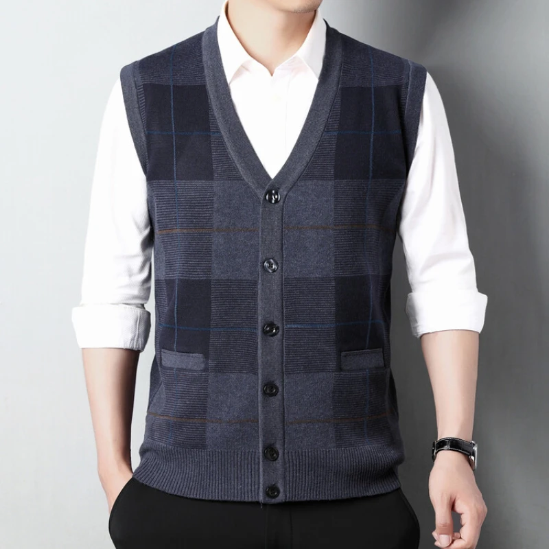 2024 New Men's Classic Business Knitted Cardigan Vest Pullover Men's V-neck Sleeveless Vest