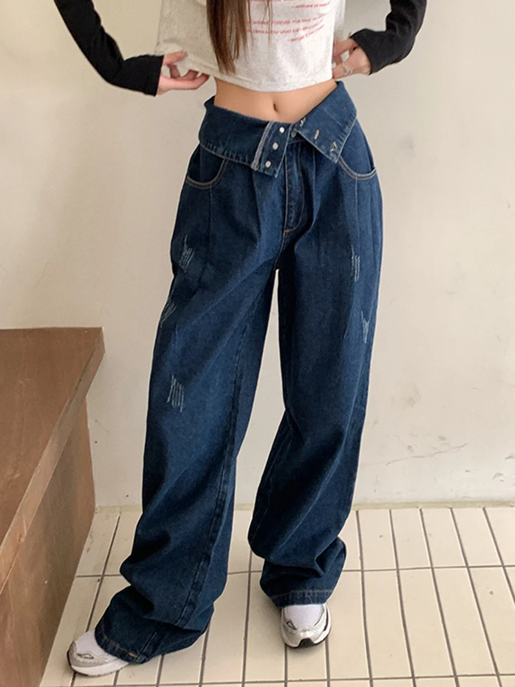 

Fashion Cuffed Waist Jeans Women Y2K Ripped Denim Pants 2024 Loose Casual Wide Leg Straight Pants Blue Trousers Girls Streetwear