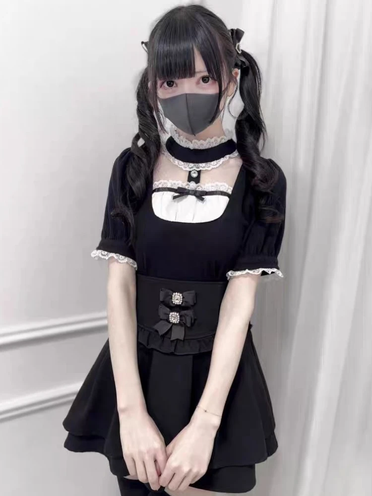 

Japanese Sweet Lolita Shirt Women Vintage Y2k Lace Collar Ruffles Puff Short Sleeve Plaid Blouses Gothic Princess Kawaii Tops