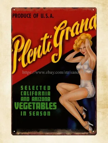 Plaque en métal aluminium « Plenti Grand California Arizona vegetables pin-up sexy girl »