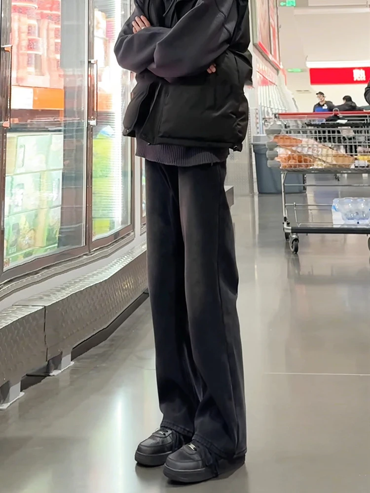 

Мужские прямые джинсы с флисовой подкладкой в стиле ретро American Vibe, зимние длинные черные джинсовые брюки с расклешенным низом, молодежный модный тренд