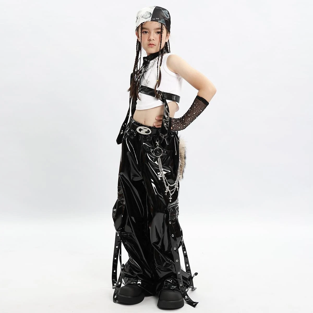 Dziecięcy strój sceniczny Kpop Kids Cool Hip Hop Clothing Girls Black Leather Top Pants Jazz Dance Costume StreeT Wear XS8985