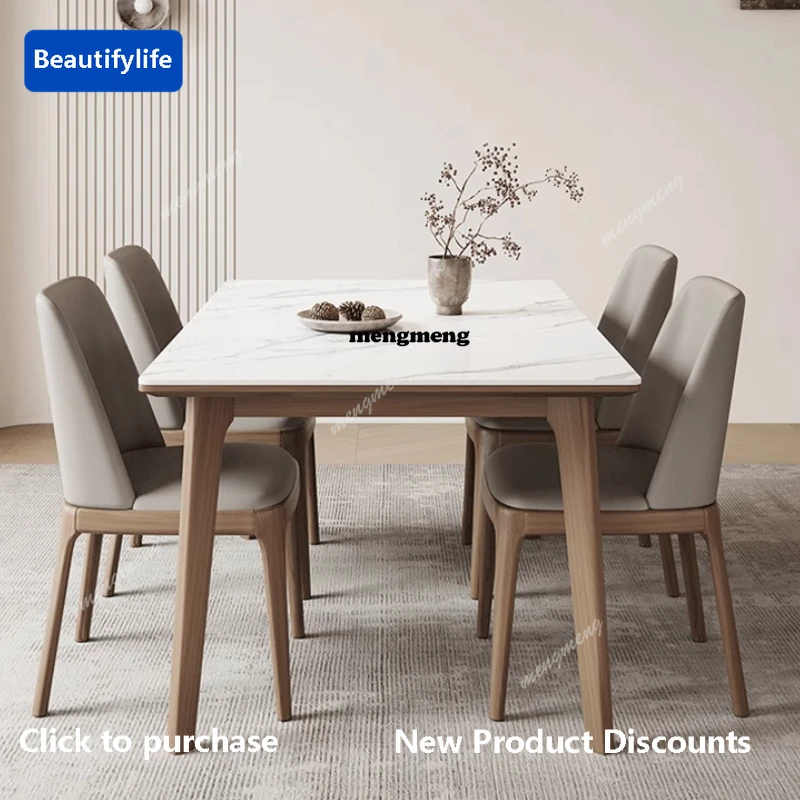 F85 And Chair Combination Simplicity Ash Wood Rectangle Soft Pack Chair Furniture White Wax Wood Material Rock Slab Dining Table