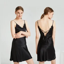 Classic Style 100% Silk Suspender Dress Nightdress Sexy Black Lace Short Skirt Mulberry Silk Pajamas Home Service Women