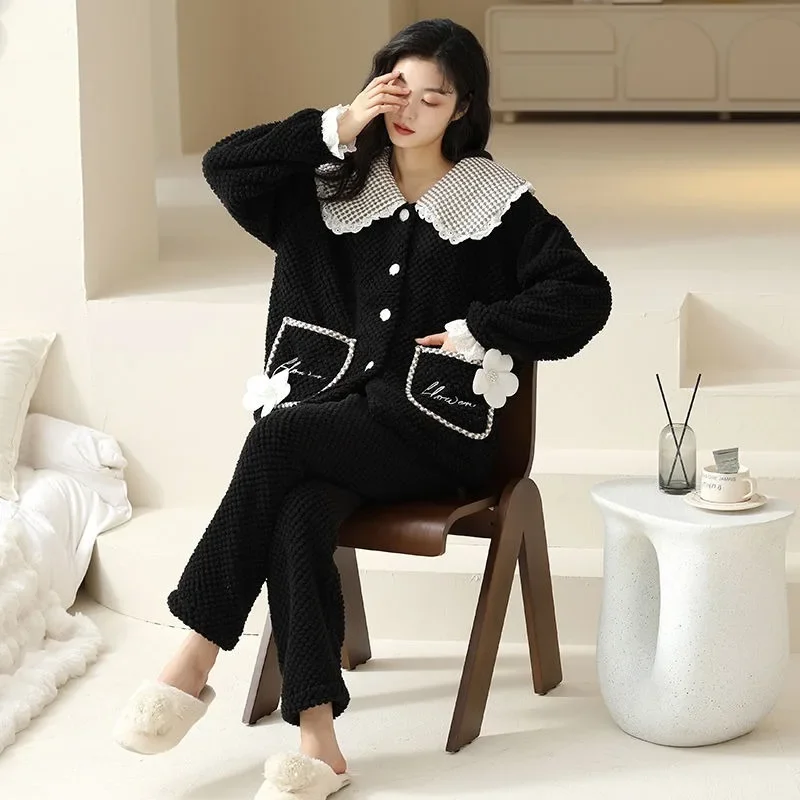 2024 New Plush Pajama Women Autumn Winter Coral Fleece Loungewear Long Sleeves Plus Thick Velvet Homewear Warm Flannel Set