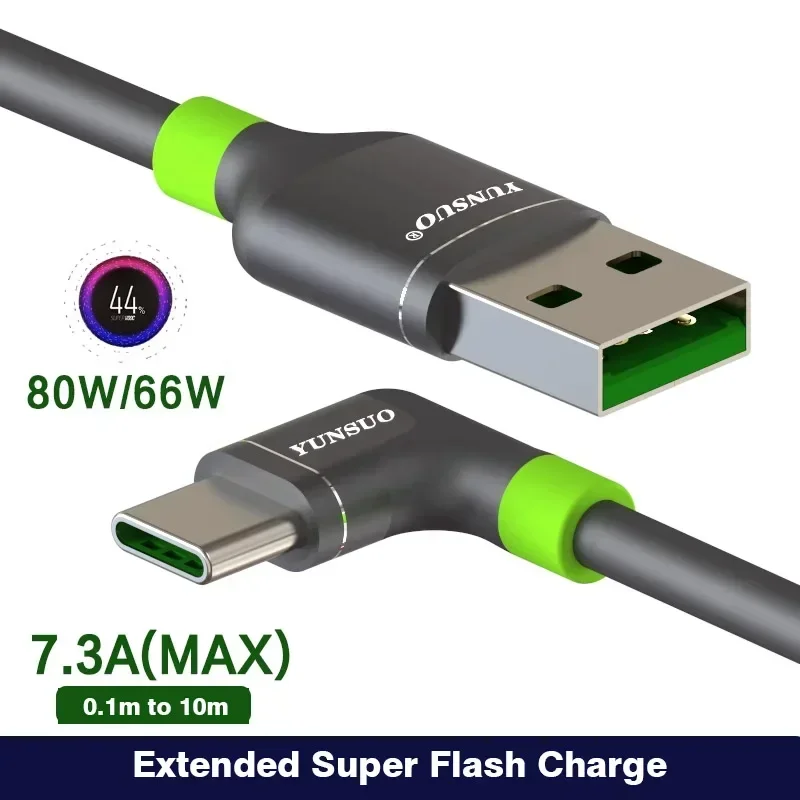 USB To Elbow Type-C 7A 65W 80W Ultra-Long Data Sync Fast Charging Cable for Oppo Vivo Phones Extended 10cm 1m 2m 3m 4m 5m 8m 10m