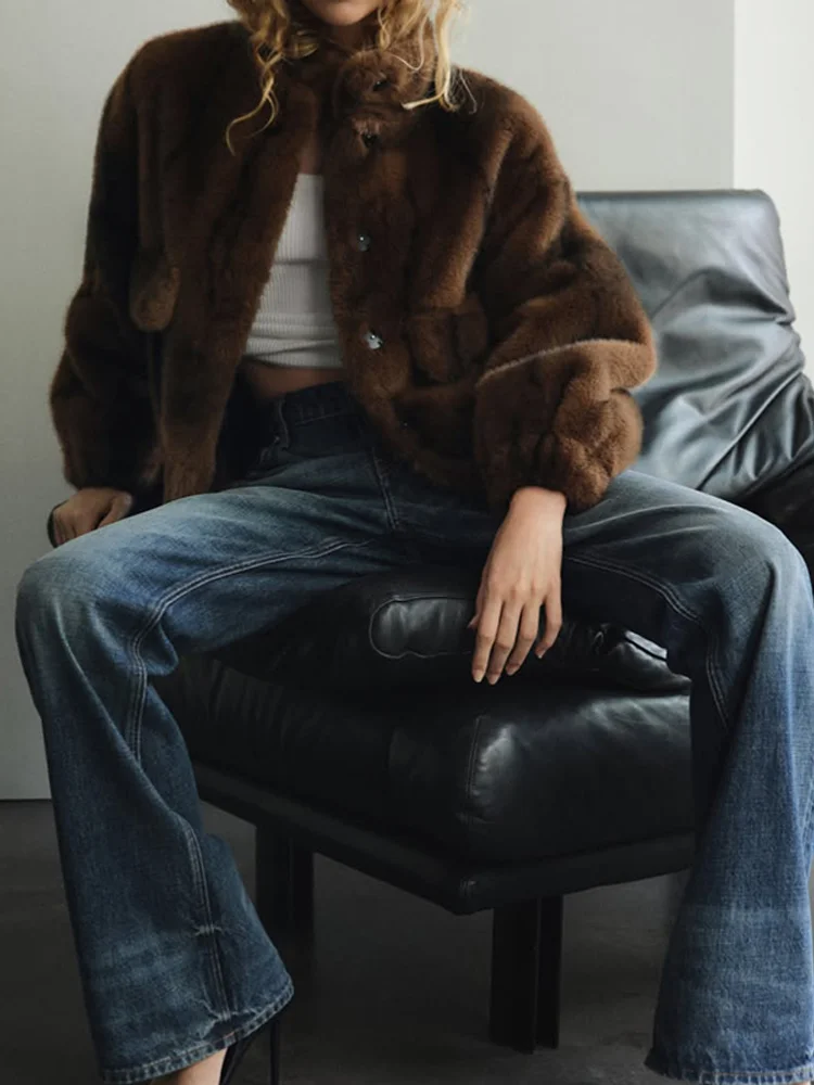 Abrigo de piel con cuello levantado y una hilera de botones para mujer, Chaqueta corta holgada de terciopelo de manga larga con cremallera, tops para mujer