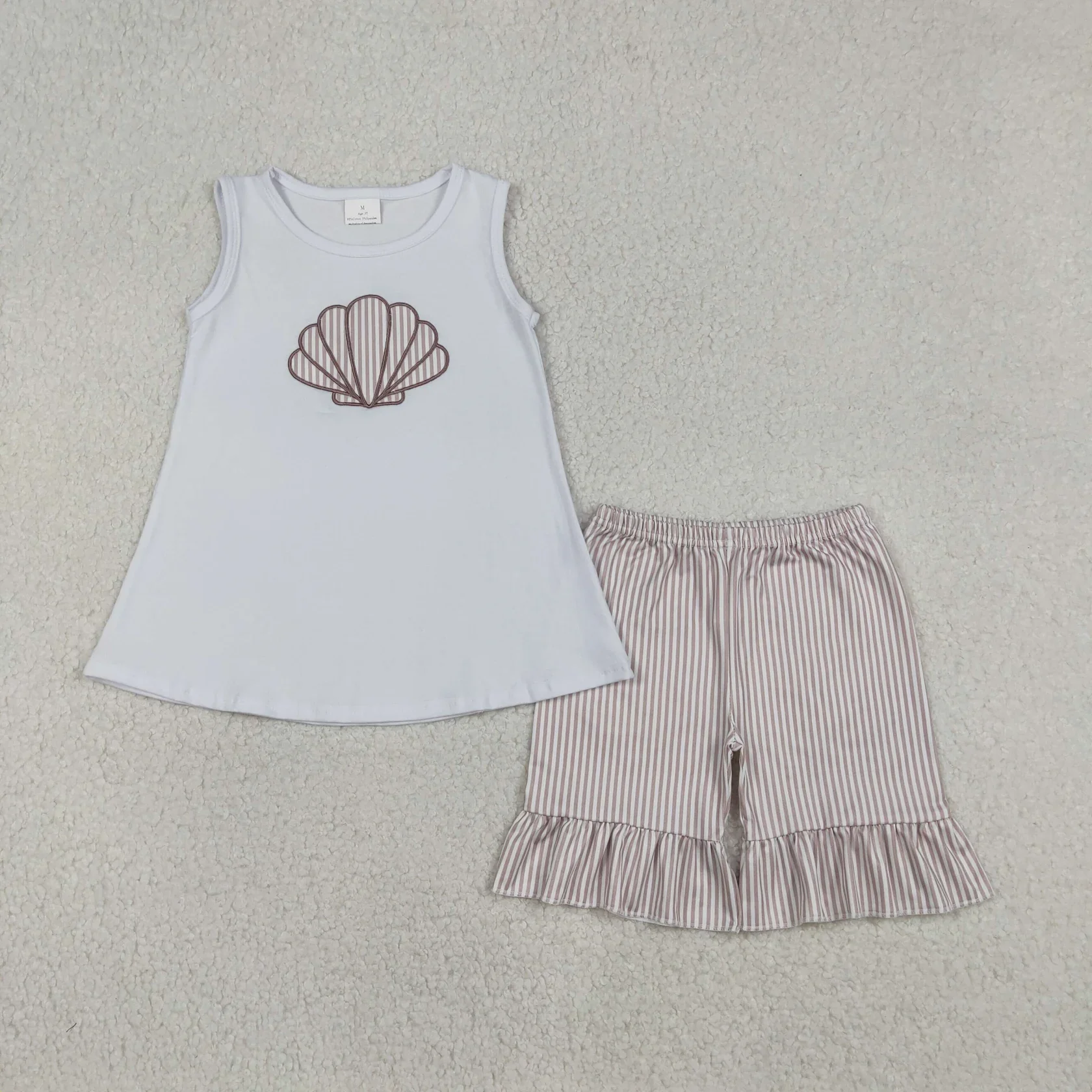 

Wholesale Kids Girl Toddler Sleeveless Cotton Shell Shirt Children Set Girls Strips Ruffle Shorts Summer Embroidery Outfit