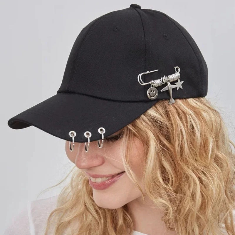 1pc Y2K Mode Hip Hop Solid Color Baseball Cap Creative Piercing Ring Caps Punk Casual  Verstelbare Unisex Hoed Snapback Hats