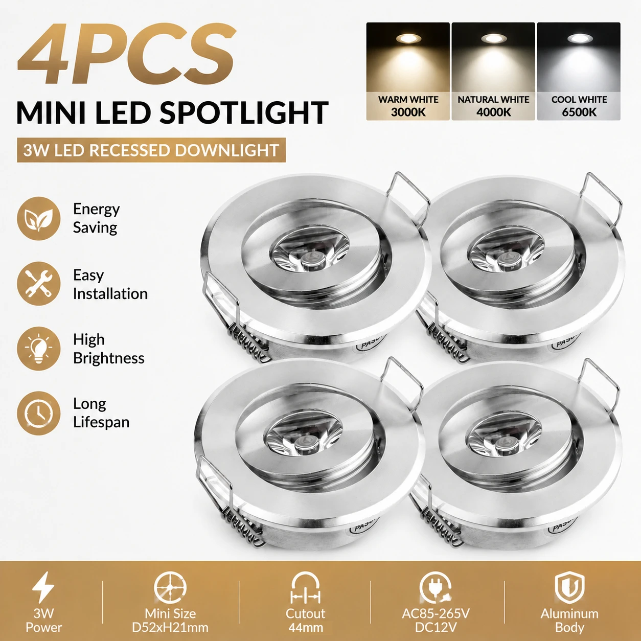 JOYINLED 4PCS 3W Mini LED Downlight 12V Recessed Ceiling Light Round Spot Lamp for Cabinet Stair Walkway Ambient Lighting