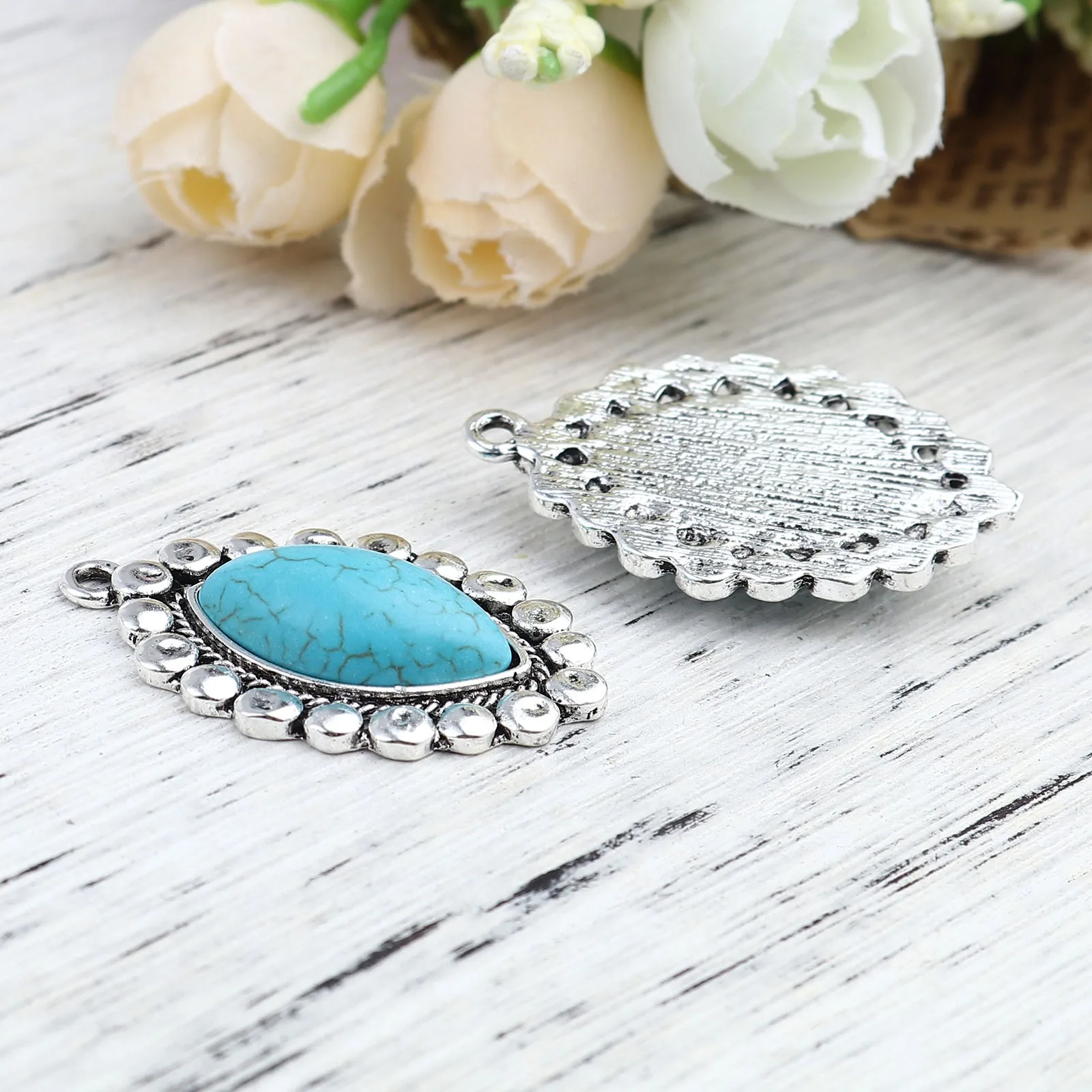 Bohemian Geometic Metal Pendants Marquise Antique Silver Color Green Blue  Charms DIY Necklace Jewelry,1-5PCs