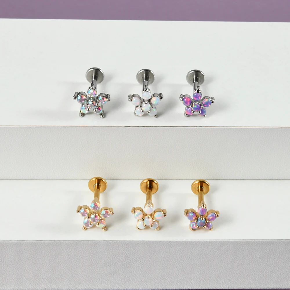 1PC 316L Stainless Steel Flower Ear Tragus Cartilage Piercing Opal Cz Crown Lobe Earrings Helix Piercing Labret Lip Piercing