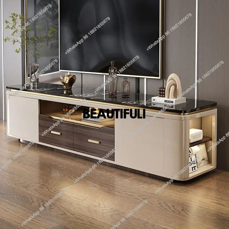 

modern simple household living room small apartment coffee table combination, new floor-to-ceiling rock slab TV cabinet