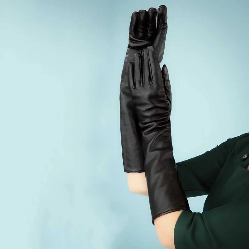 Black PU Faux Leather Long Gloves 34cm Tight Full Finger Pole Dance Stage Performance Nightclub Bar Costume Accessory