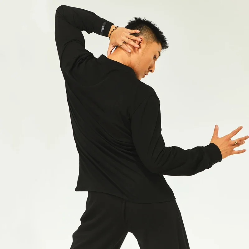 Neue Männliche Erwachsene Chacha Rumba Latin Tragen Latin Dance Praxis Kleidung Für Männer Schwarz Langarm Rundhals Shirts