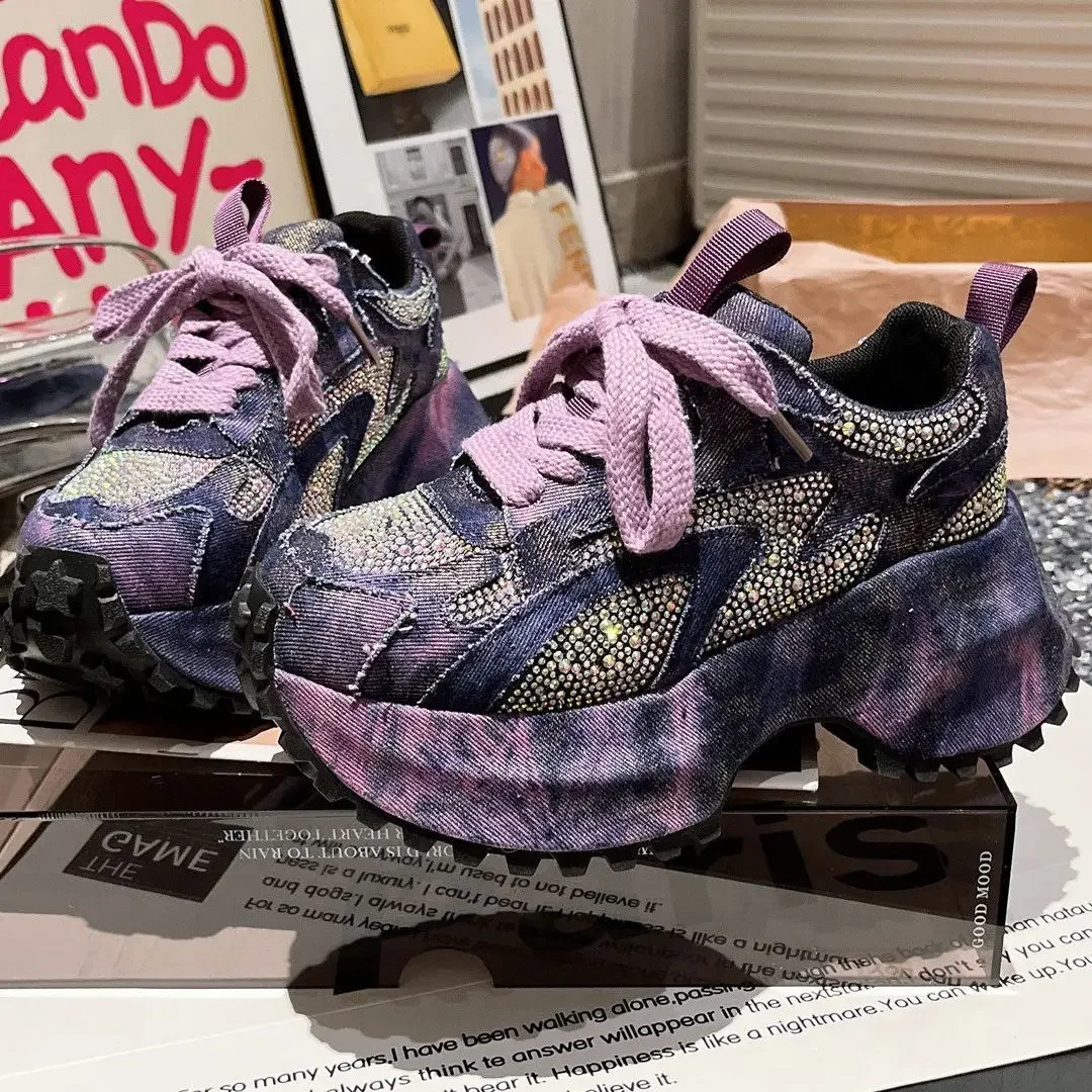 

ZHUOFU Luxury Women Sneakers Retro Platform Cowboy Designer Shoes Fashion Rhinestone Lace-up Canvas Chunky Sneakers Trainers