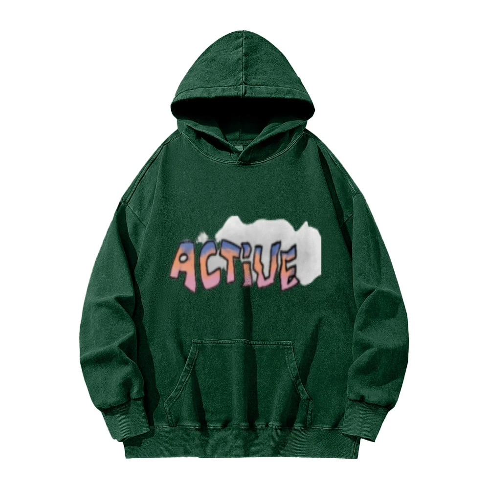 

Vintage Washed ACTIVE Graphic Hoodie Sweatshirt with Retro Gradient Lettering Cloud Detail for Casual Streetwear Energetic Style