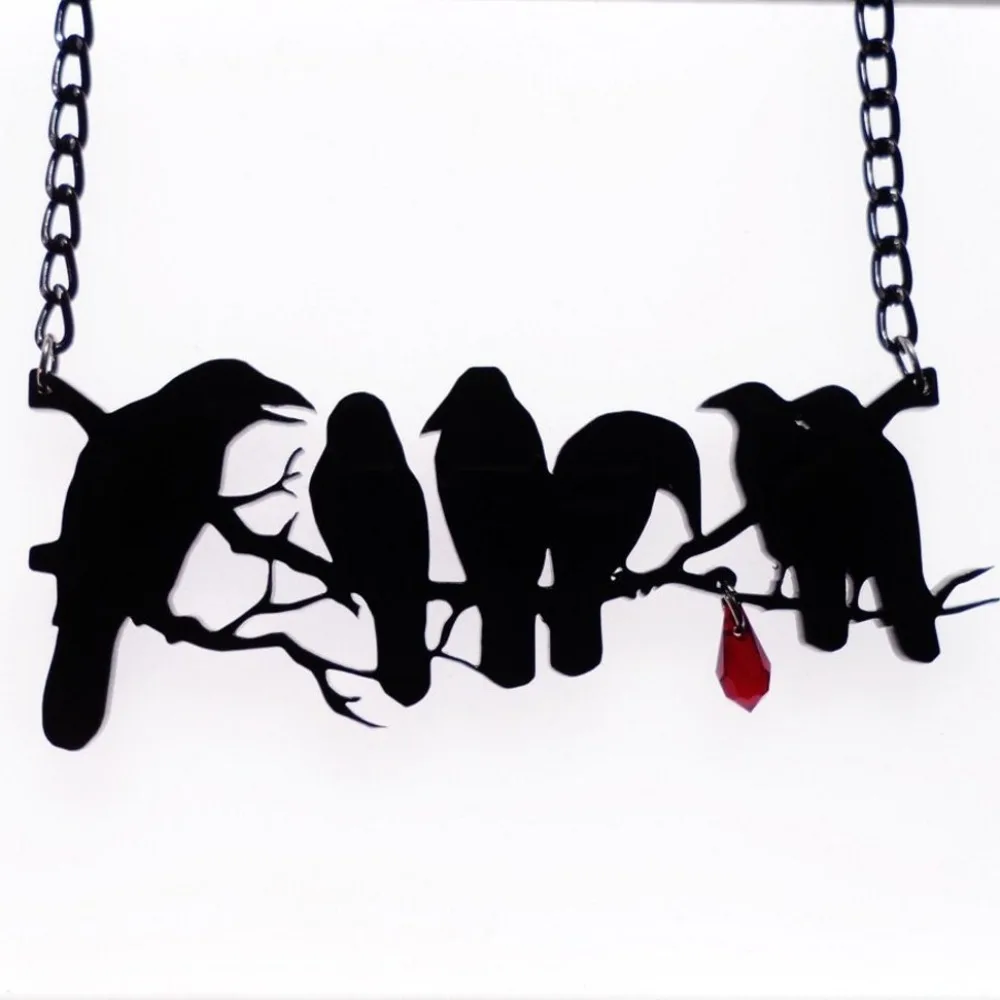 Retro Gothic Black Stainless Steel Tree Branch Crow Red Glass Crystal Blood Drops Necklace for Women Hallowmas Jewelry Gifts