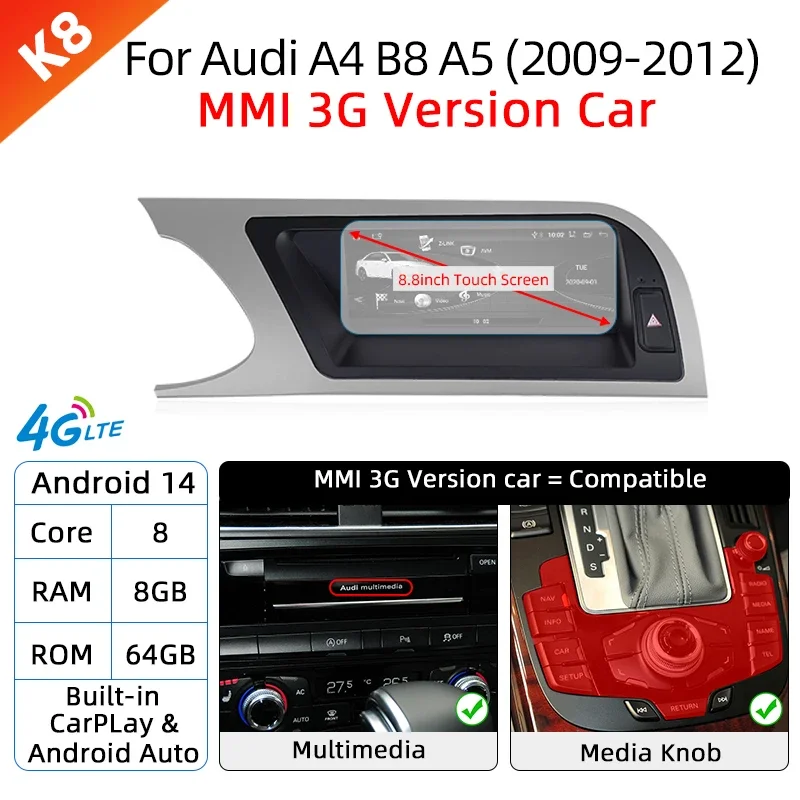 Android 14 8 + 64GB Auto Bildschirm Player Für Audi A4 B8 A5 2008-2017 MMI GPS Navi multimedia Stereo WIFI 4G Google CarPlay Radio