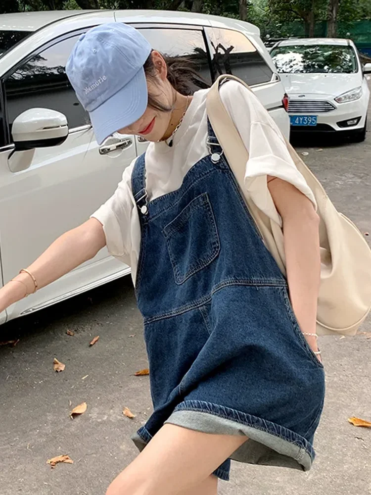 Summer Women Denim Strap Shorts Womens Summer New Loose Straight Barrel High Waisted Wide Leg Pants Jeans Cowboy Teenage Girls