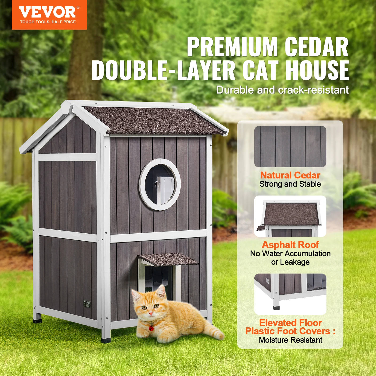 VEVOR Outdoor Cat House Weatherproof Feral Cat Shelter for Multiple Cat Large Outdoor Wooden Cat House with Doors&A Clear Window