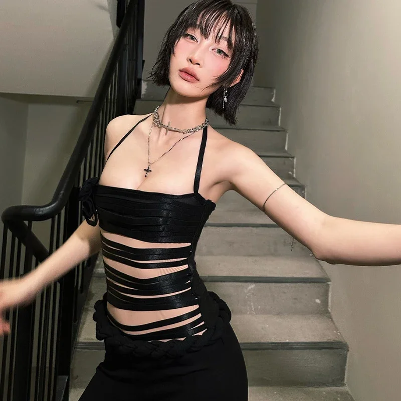 Women's Summer Halter Tank Tops Solid Color 3D Flower Sleeveless Cutout Bandage Backless Slim Fit Vest Y2K Streetwear