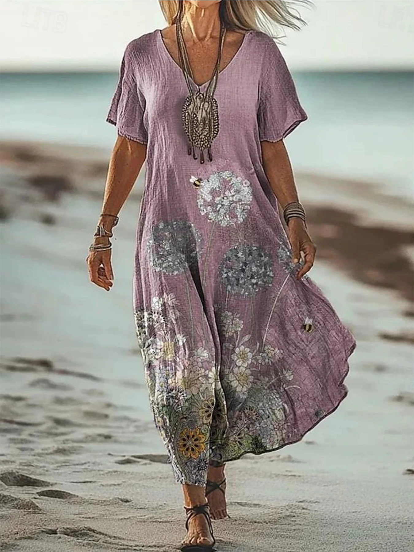 Vintage Damen-Maxikleid, Bohemian-T-Shirt-Kleid mit V-Ausschnitt und Seitenschlitz, lässige, mit Batikmuster bedruckte Kleidung für Damen, trendig