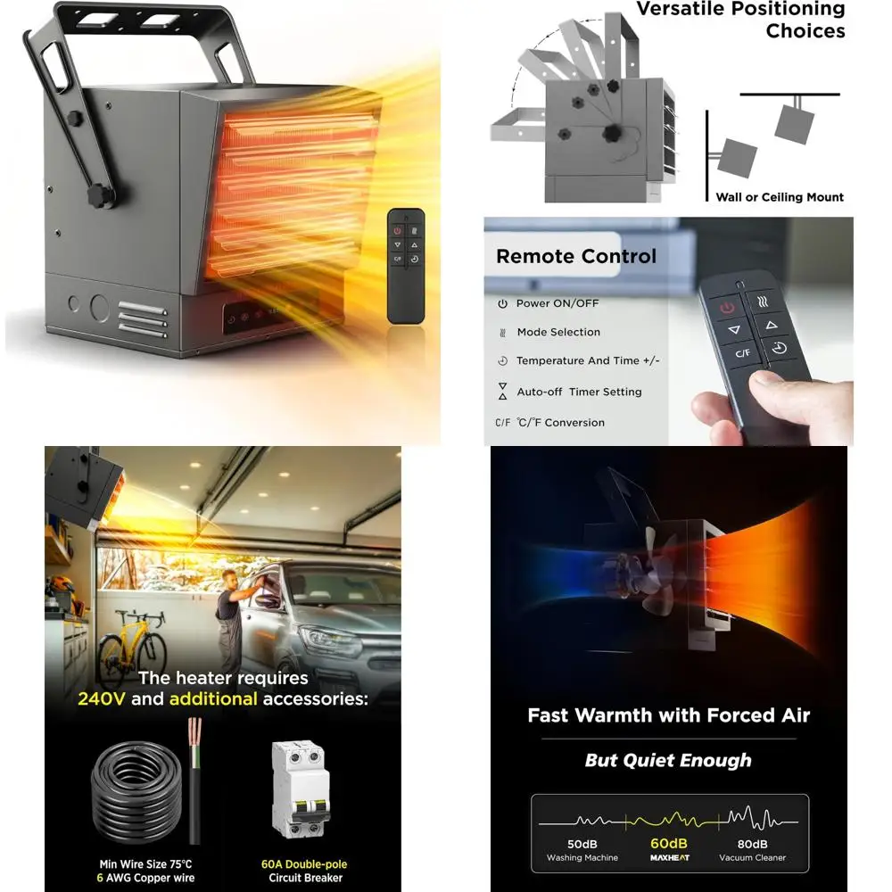 Calentador de garaje forzado con ventilador de 10000 W montado en el techo con termostato digital, cableado de 240 V, control remoto incluido, ideal para grandes