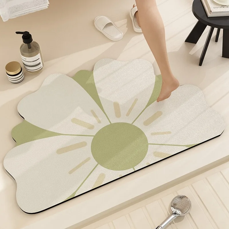 

Bathroom Diatom Mud Doormat Cute Flower Graphics PVC Floor Mat Water-absorbent Non-slip Creative Art Carpet Shower Room Door Rug