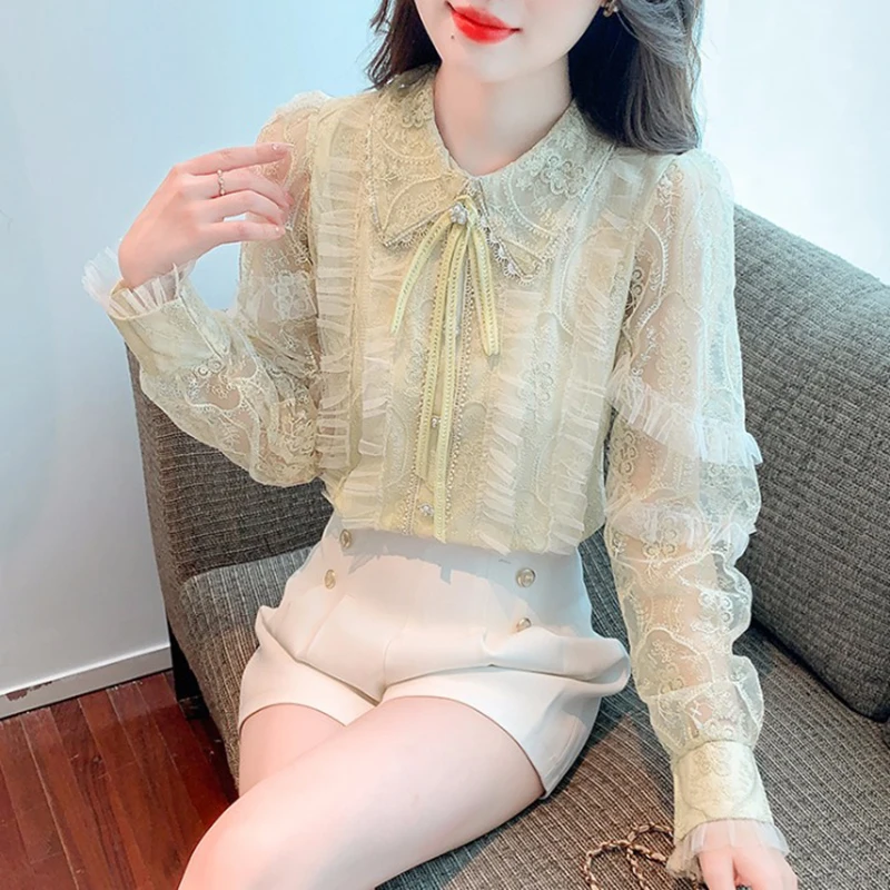 Pink Shirt Women 2023 Fall New French Puff Sleeves Luxury Heavy Industry Stand Collar Lace Embroidery Women Clothing