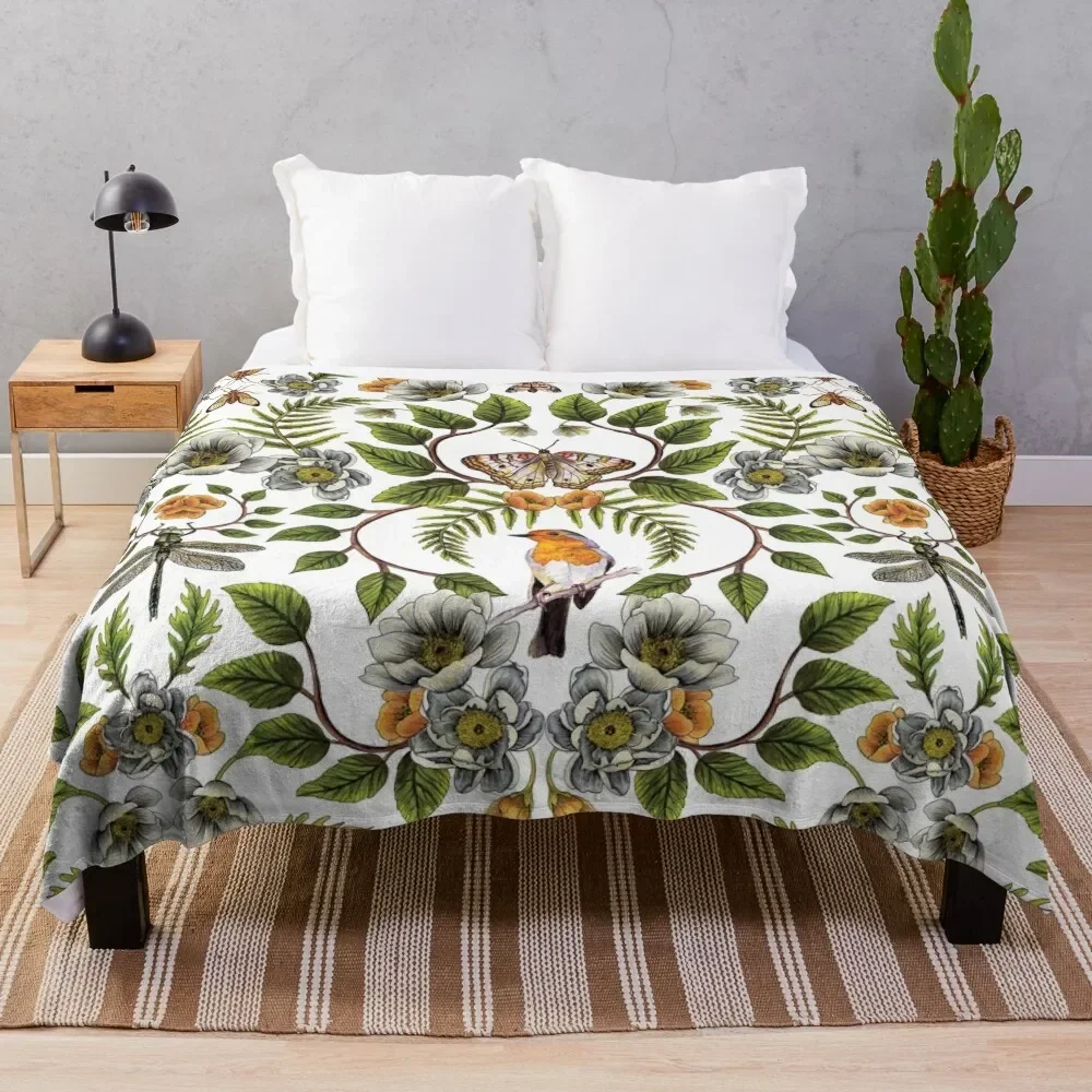 

Spring Reflection - Floral/Botanical Pattern w/ Birds, Moths, Dragonflies & Flowers Throw Blanket Polar Decoratives Blankets