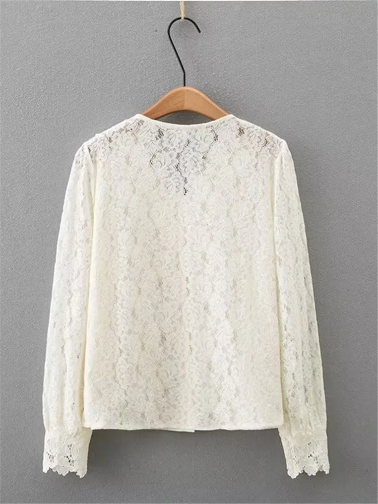 Ropa de talla grande para mujer, blusa de encaje de manga larga con cuello en V, camisa recortada con adornos de ganchillo, novedad de primavera y