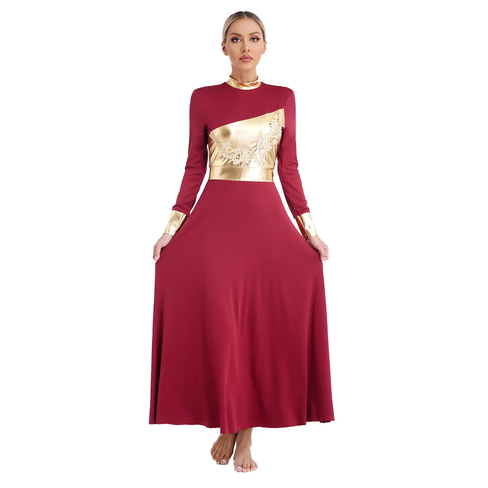 Womens Liturgical Praise Dance Dress Metallic Shiny Color Block Long Sleeve Applique Church Choir Worship Lyrical Dancewear