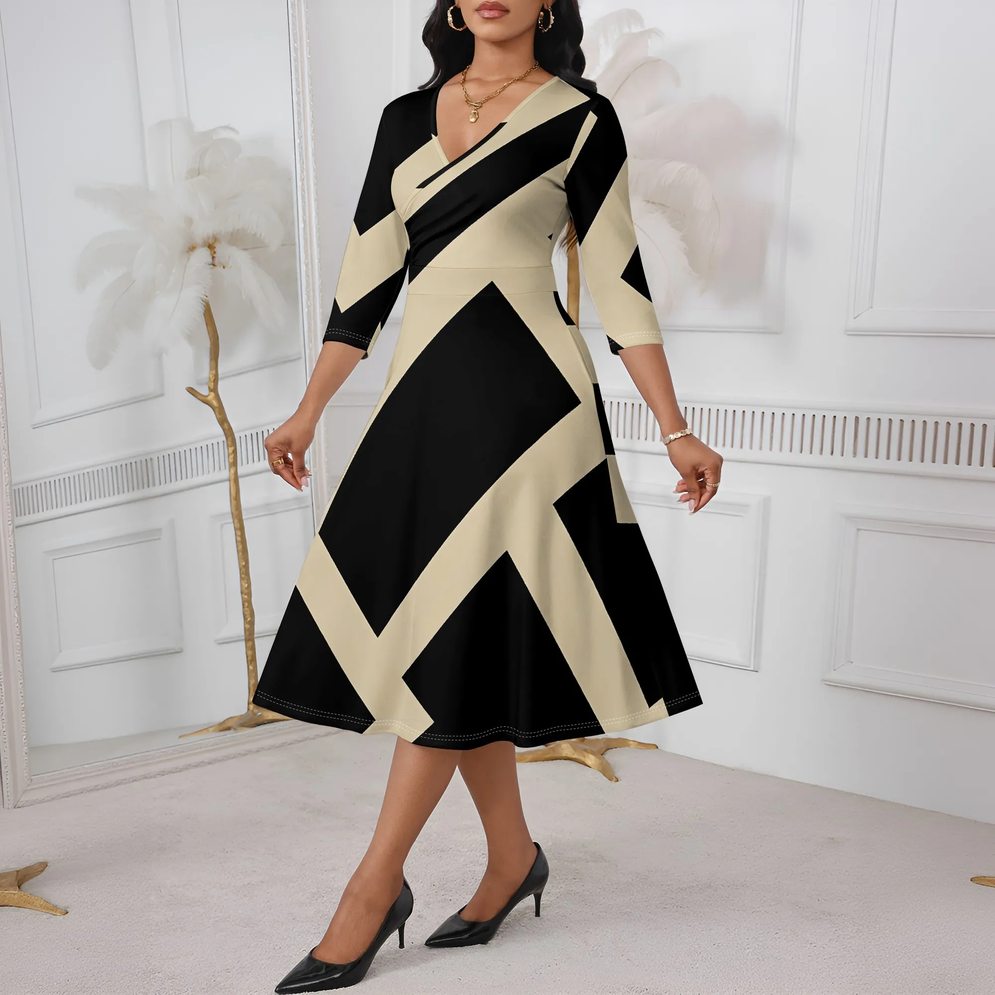 Black Beige Colorblock Midi Dress S-3XL Modern Wrap Style for Office Look, Art Gallery or Urban Fashion Outfit
