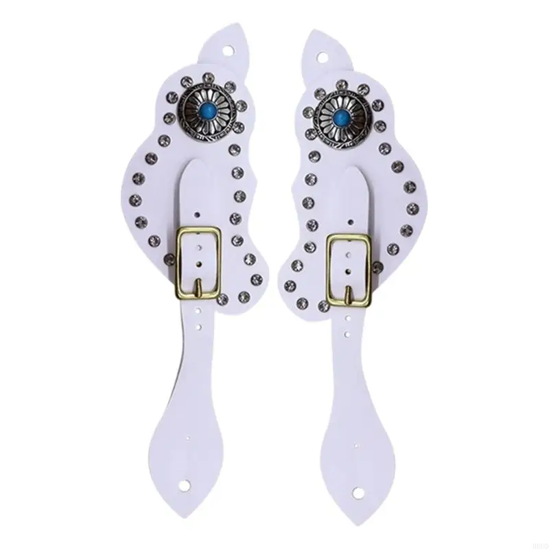 Equine Boot Spur Straps with Adjustable Metal Pin Closures, Leather Pair with Sparkling Trim and Decorative Hardware 69HD