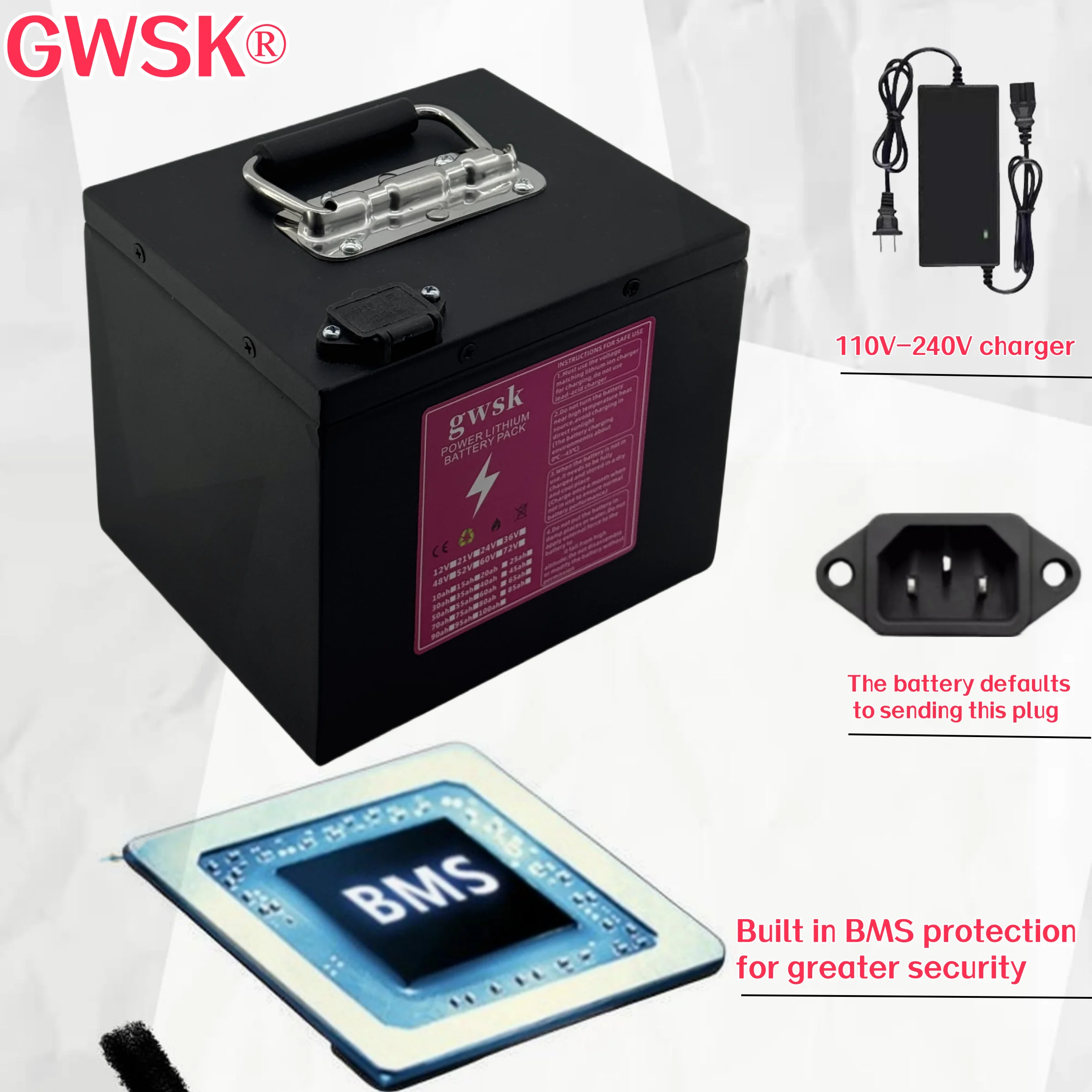 

New 100% real capacity, iron box 72V60V48V24V18650 lithium-ion battery, handle design for applications with power below 3000W