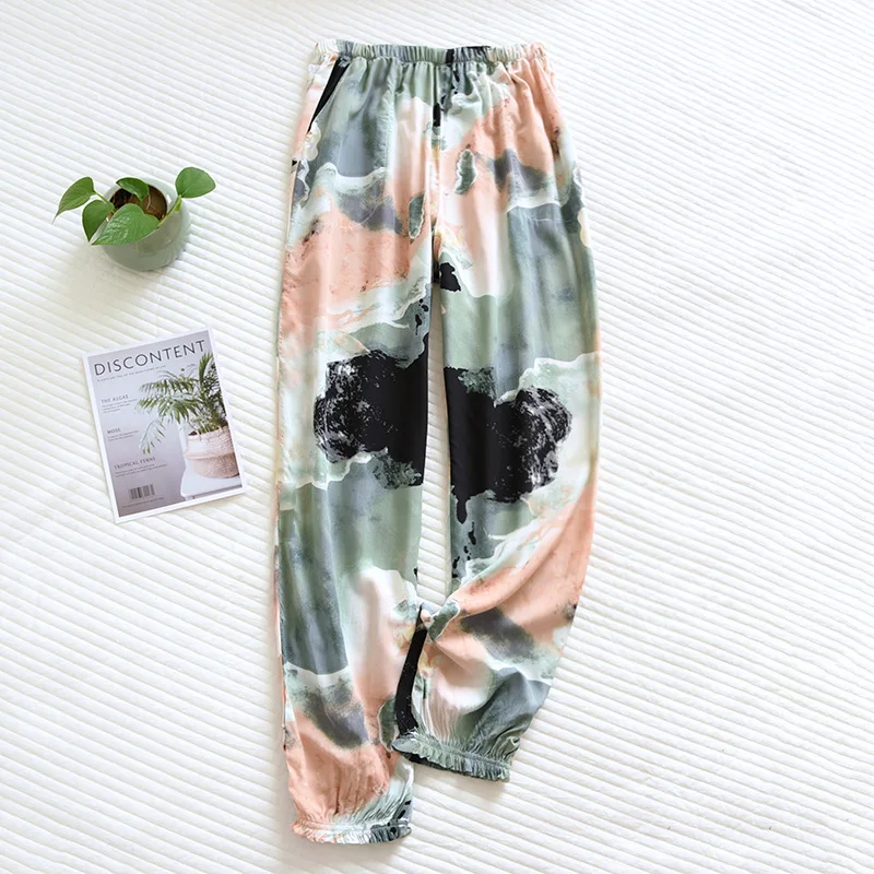 Summer Thin Anti Mosquito Pants Elastic Waist Viscose Sleep Bottoms Women Pajamas Casual and Loose Pants Print Sleeping Clothes