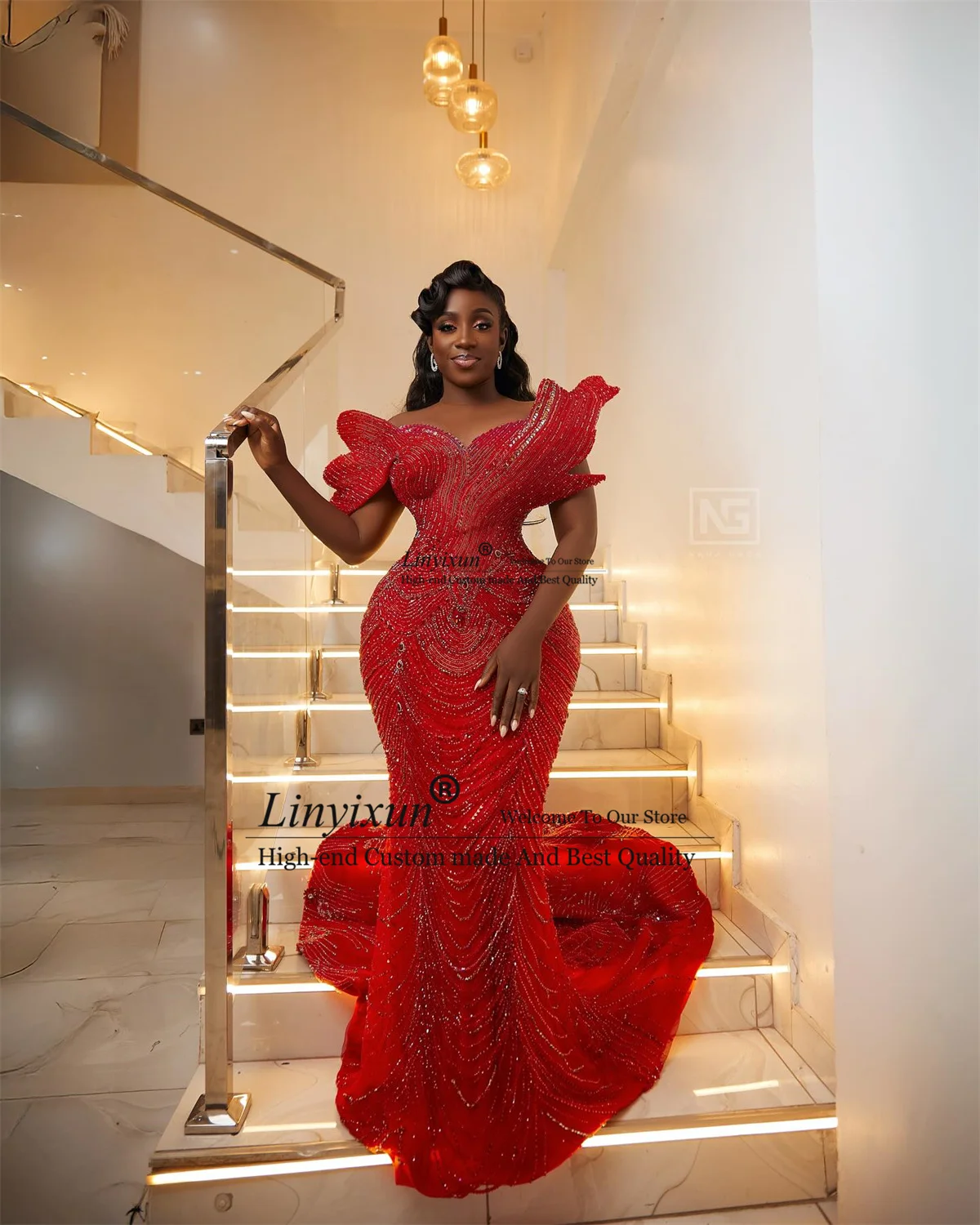 Glitter Kristallen Kralen Zeemeermin Galajurk Aangepaste Aso Ebi Mouwloze Avondjurk Afrikaanse Dubai Lange Robe De Soire