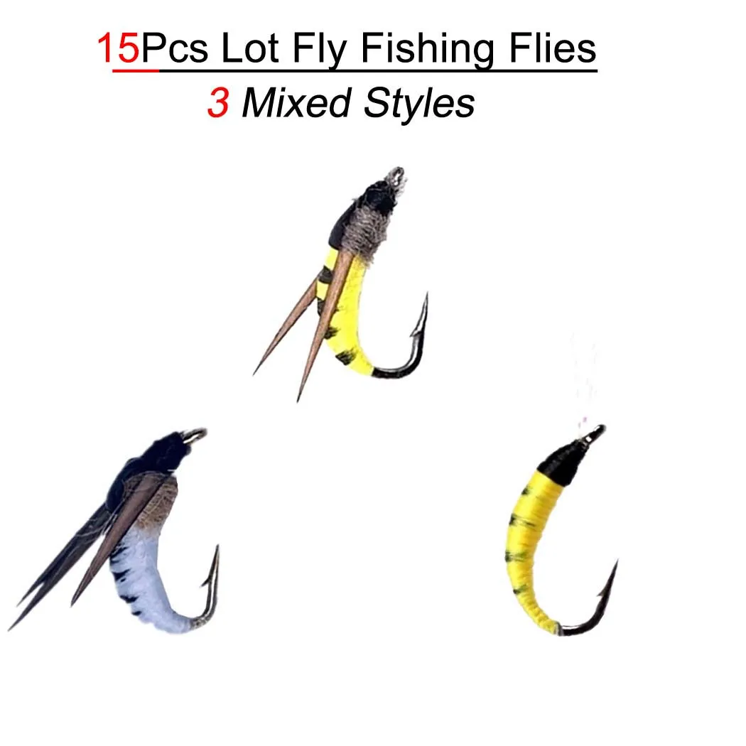 15Pc/Set Assortment Fly Fishing Flies Handmade Lures Dry Wet Flies Streamer Nymph Scud Fly Bug Worm Insect Bait 3 Mixed Styles