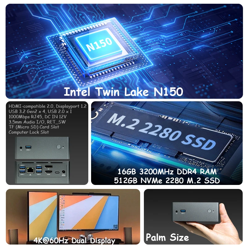 ASL N9E Portable Mini PC Intel Twin Lake N150 Windows 11 Pro 16GB DDR4 RAM 512GB NVMe M.2 SSD WiFi 6 BT 5.2 Desktop Computer