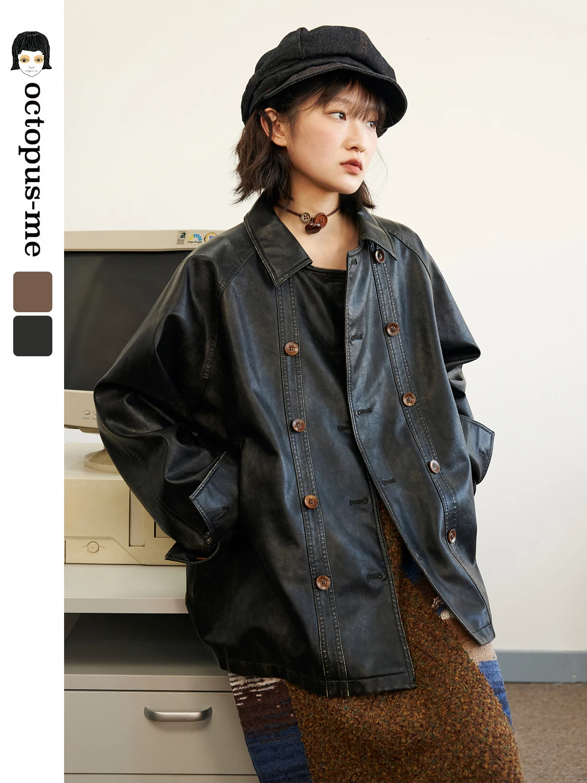 

Женская весенняя мотоциклетная куртка Octopusme из искусственной кожи с эффектом потертости, двубортная, с длинными рукавами